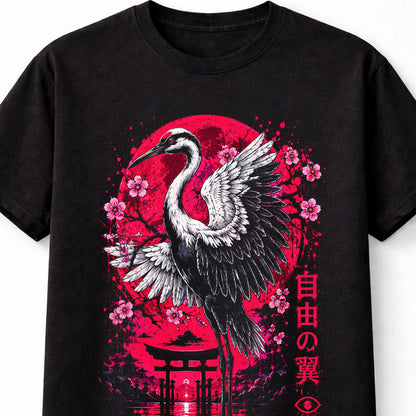 Japanese Crane Sakura Moon Graphic Black Unisex T-Shirt