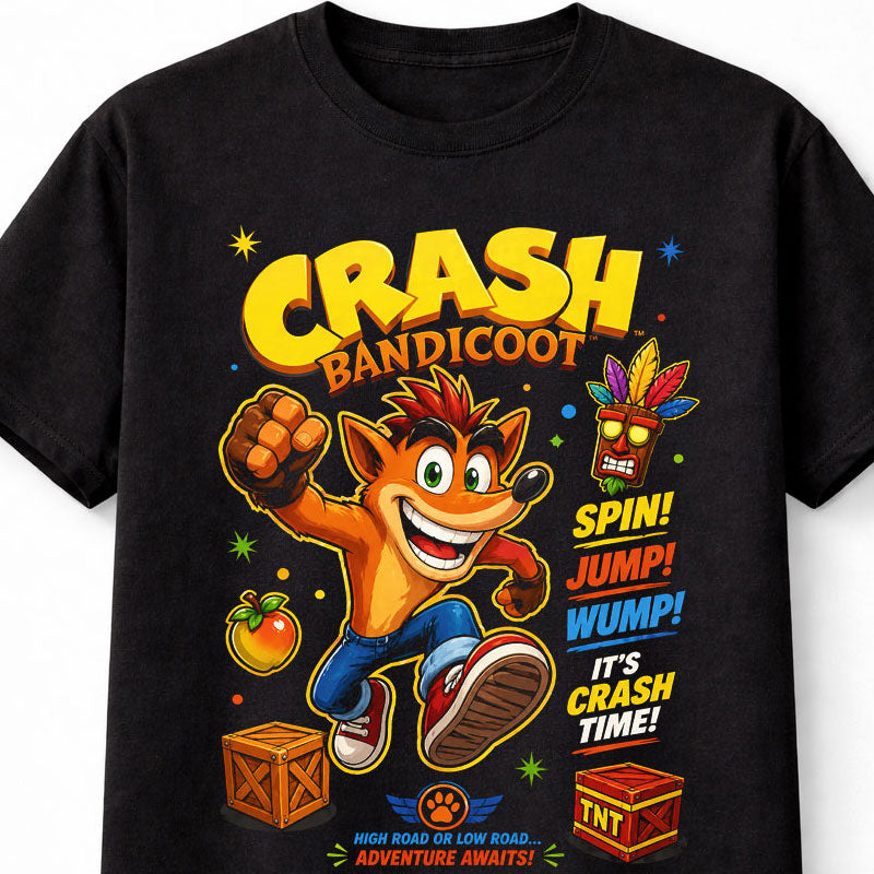 Crash Bandicoot T-Shirt Retro Gaming Graphic Tee PlayStation Classic Video Game Character Shirt Spin Jump Wump Aku Aku Mask Adults & Kids Unisex T-Shirt