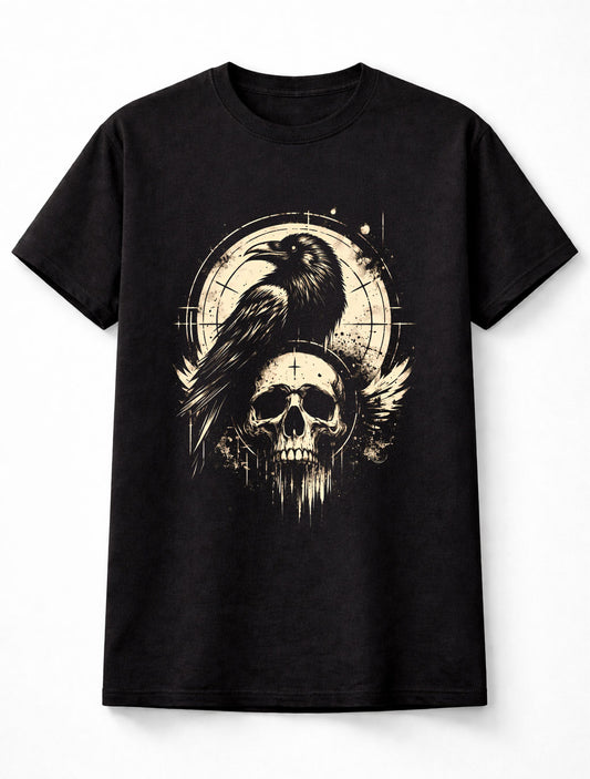 Gothic Raven Skull Graphic T-Shirt Dark Art Crow Death Tattoo Style Streetwear Halloween Aesthetic Adults & Kids Unisex T-Shirt