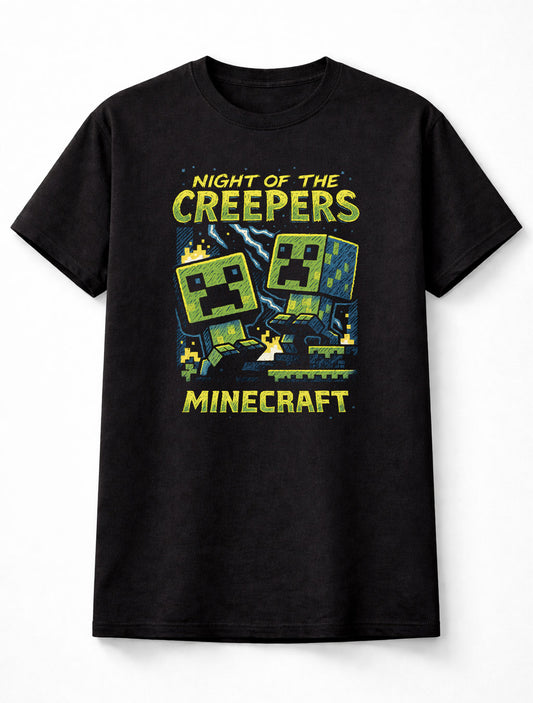 Creeper Minecraft T-Shirt Night Of The Creepers Retro Unisex Black Graphic Tee