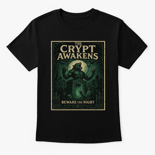 The Crypt Awakens Unisex T-Shirt – Beware the Night Horror Vintage Gothic Poster Tee