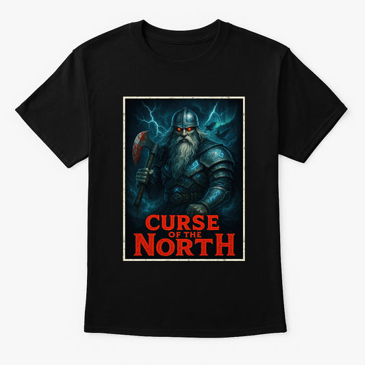 Curse of the North unisex t-shirt featuring undead Viking warrior with glowing red eyes and axe, gothic blue lightning design printed on black cotton tee

