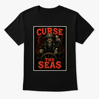 Curse the Seas unisex t-shirt featuring skeletal pirate captain with glowing red eyes steering ship through lightning storm, gothic red and black nautical design printed on black cotton tee