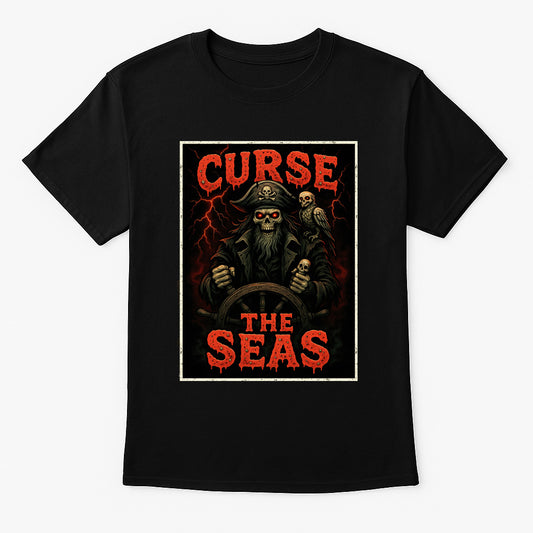 Curse the Seas unisex t-shirt featuring skeletal pirate captain with glowing red eyes steering ship through lightning storm, gothic red and black nautical design printed on black cotton tee