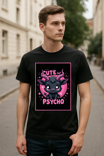 Cute But Psycho Unisex T-Shirt – Kawaii Dark Humor Goat Adorably Chaotic Graphic Tee