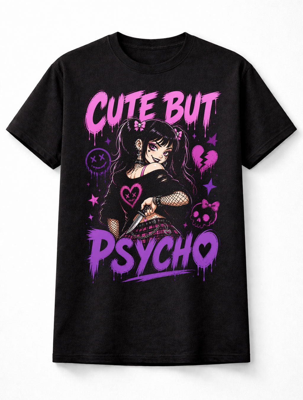 Cute But Psycho Gothic Anime Girl Yandere Horror Graphic Unisex T-Shirt