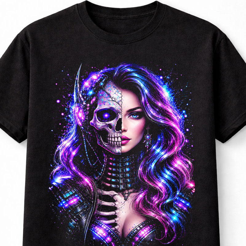 Cyberpunk Skeleton Woman Neon Sci Fi Gothic Skull Unisex T-Shirt