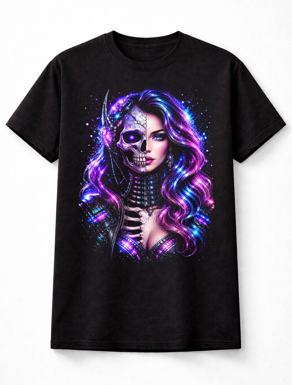 Cyberpunk Skeleton Woman Neon Sci Fi Gothic Skull Unisex T-Shirt