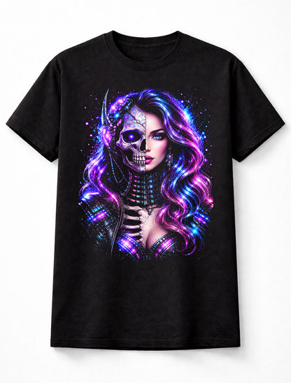 Cyberpunk Skeleton Woman Neon Sci Fi Gothic Skull Unisex T-Shirt