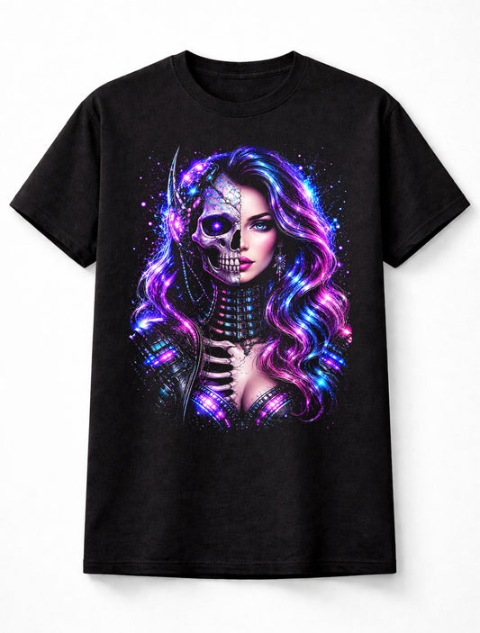Cyberpunk Skeleton Woman Neon Sci Fi Gothic Skull Unisex T-Shirt