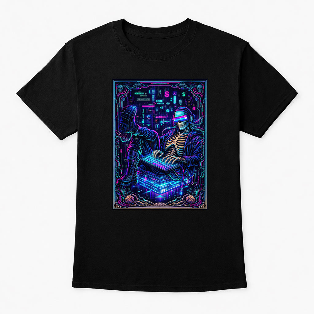 Retro Neon Hacker Skeleton Unisex Gothic Cyberpunk Gamer Graphic T-Shirt