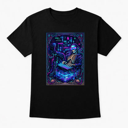 Retro Neon Hacker Skeleton Unisex Gothic Cyberpunk Gamer Graphic T-Shirt