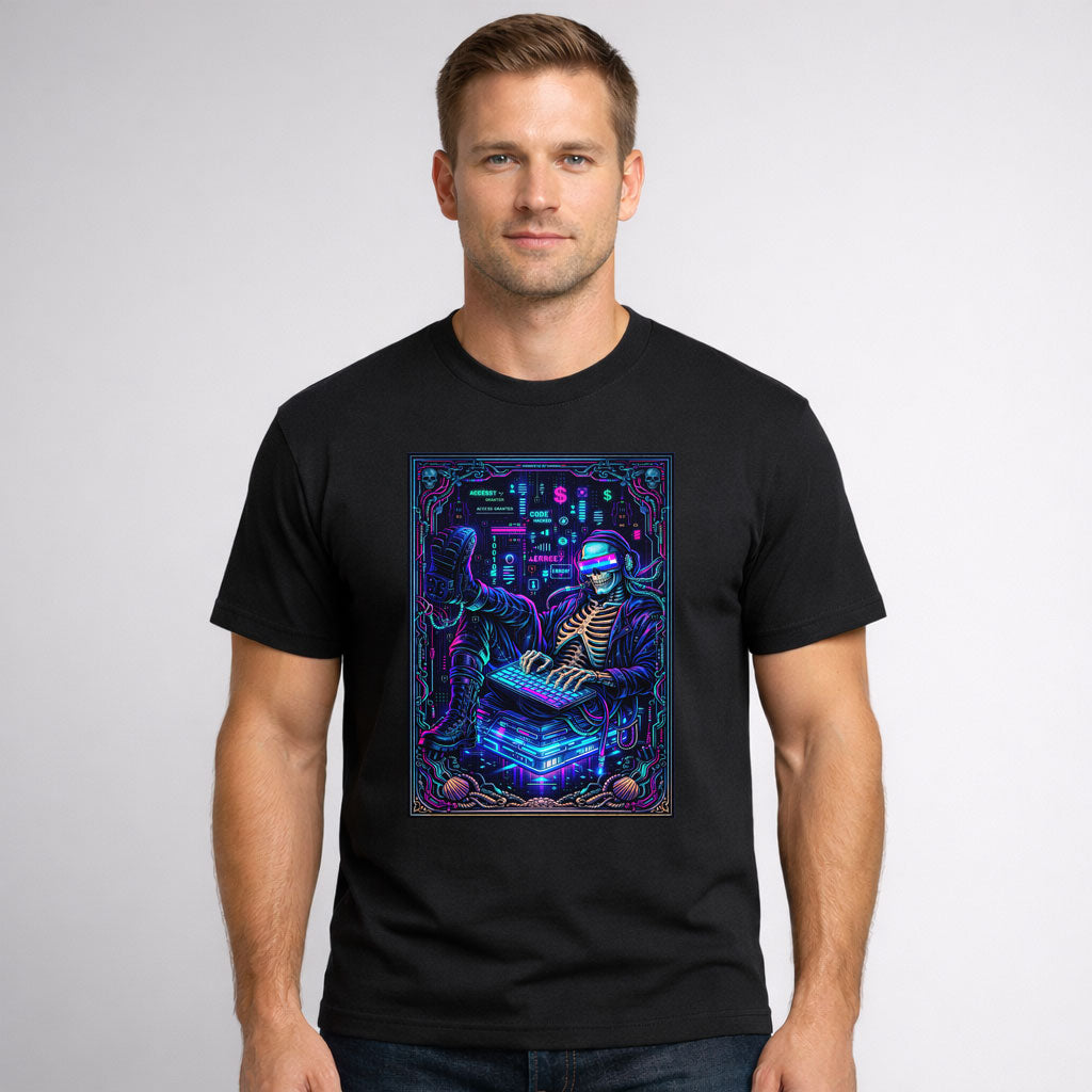 Retro Neon Hacker Skeleton Unisex Gothic Cyberpunk Gamer Graphic T-Shirt
