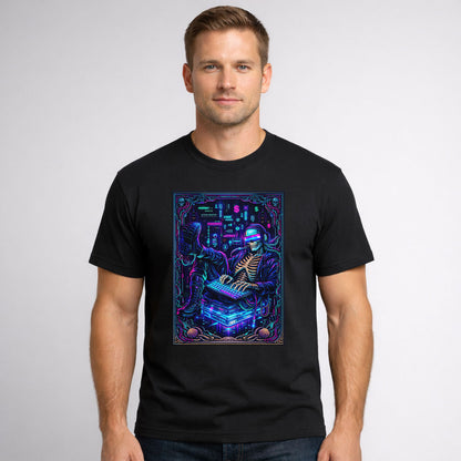 Retro Neon Hacker Skeleton Unisex Gothic Cyberpunk Gamer Graphic T-Shirt
