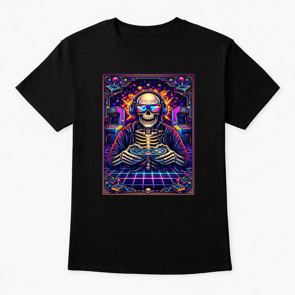 Retro Arcade Skeleton Gamer Unisex Gothic Neon Gaming Graphic T-Shirt