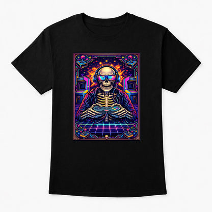 Retro Arcade Skeleton Gamer Unisex Gothic Neon Gaming Graphic T-Shirt