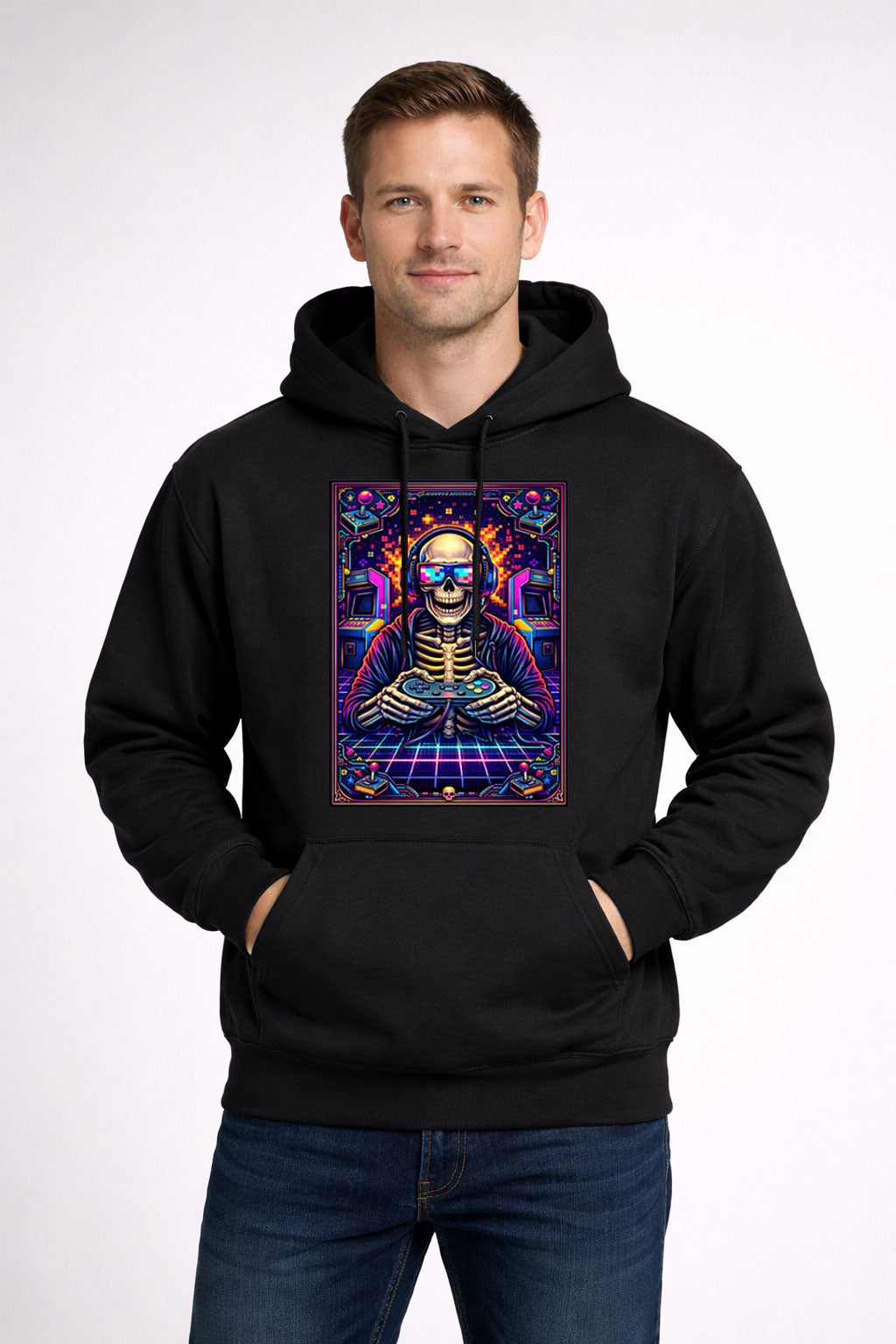 Retro Arcade Skeleton Gamer Unisex Gothic Neon Gaming Graphic T-Shirt