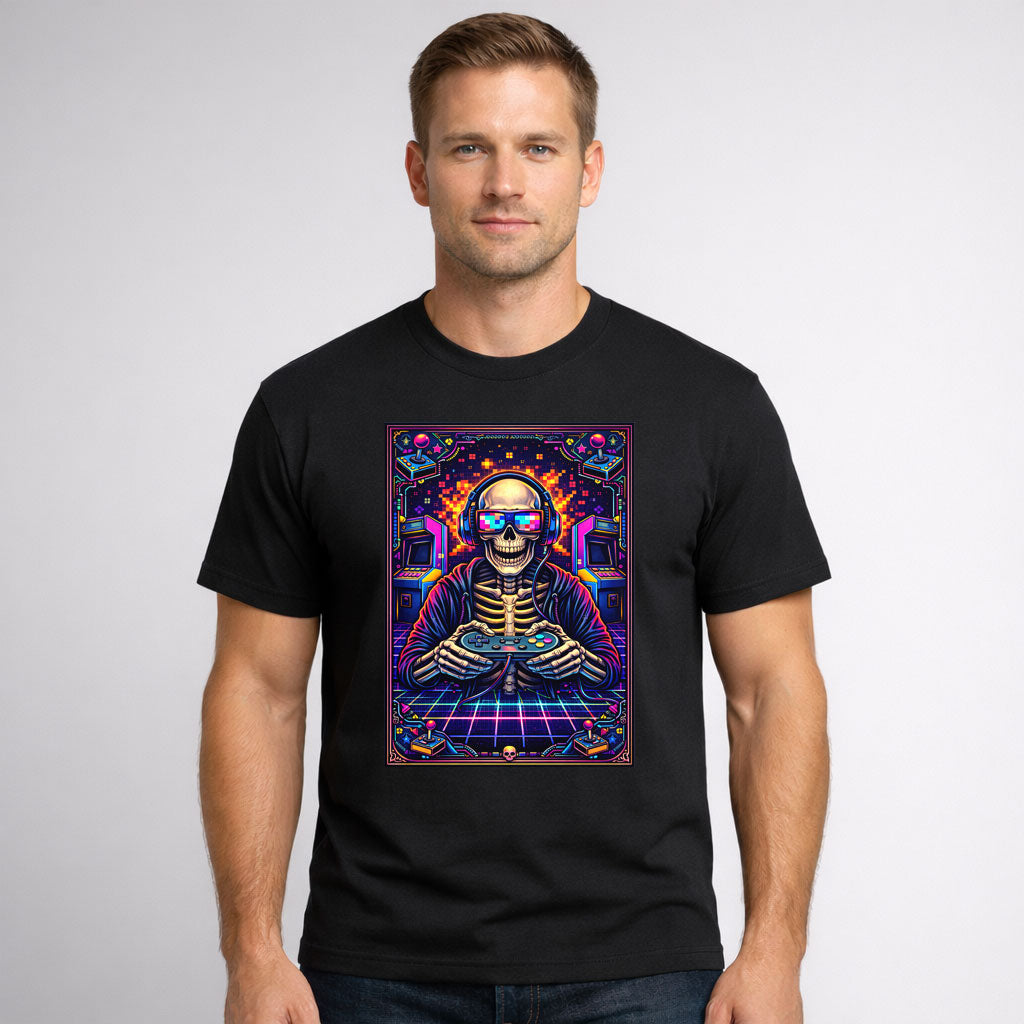Retro Arcade Skeleton Gamer Unisex Gothic Neon Gaming Graphic T-Shirt