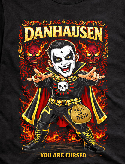 Danhausen You Are Cursed Wrestling T-Shirt Cartoon Wrestler Horror Skull Fire Graphic Sack of Teeth Fan Tee Adults & Kids Unisex T-Shirt