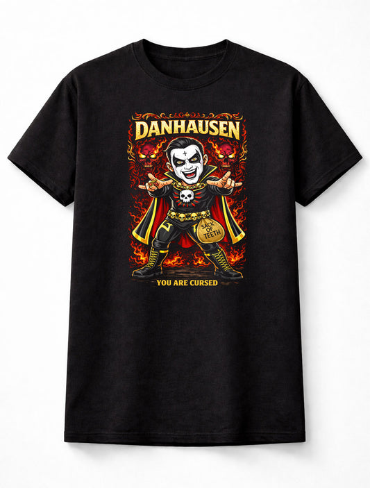 Danhausen You Are Cursed Wrestling T-Shirt Cartoon Wrestler Horror Skull Fire Graphic Sack of Teeth Fan Tee Adults & Kids Unisex T-Shirt