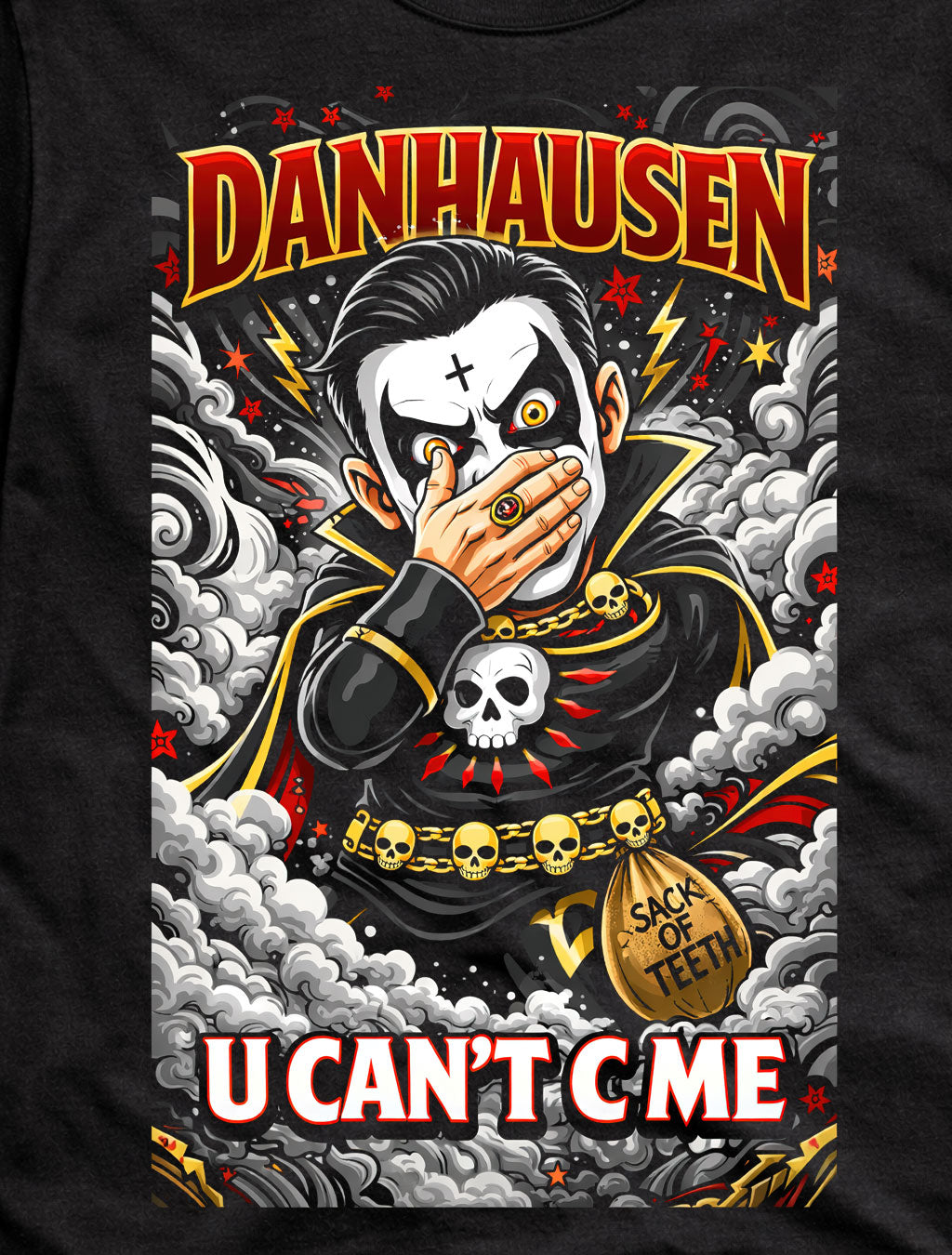 Danhausen U Can’t C Me Wrestling T-Shirt Cartoon Horror Graphic Skull Smoke Design Cursed Character Fan Tee Dark Comedy Style Evil Wrestler Adult & Kids Unisex T-Shirt