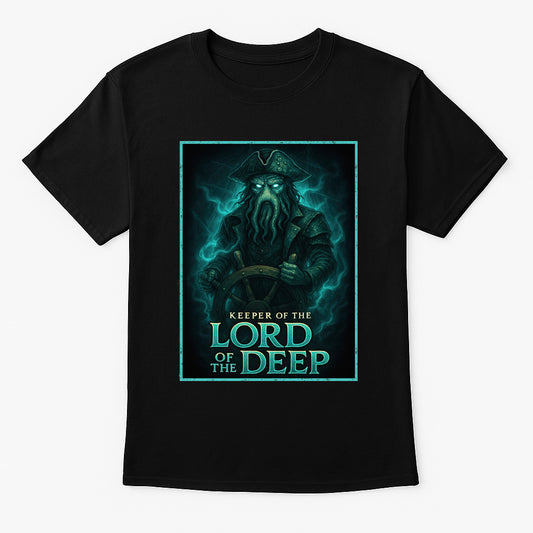Keeper of the Lord of the Deep unisex t-shirt featuring cursed sea captain with tentacled face steering a ship, glowing teal gothic nautical design on black cotton tee