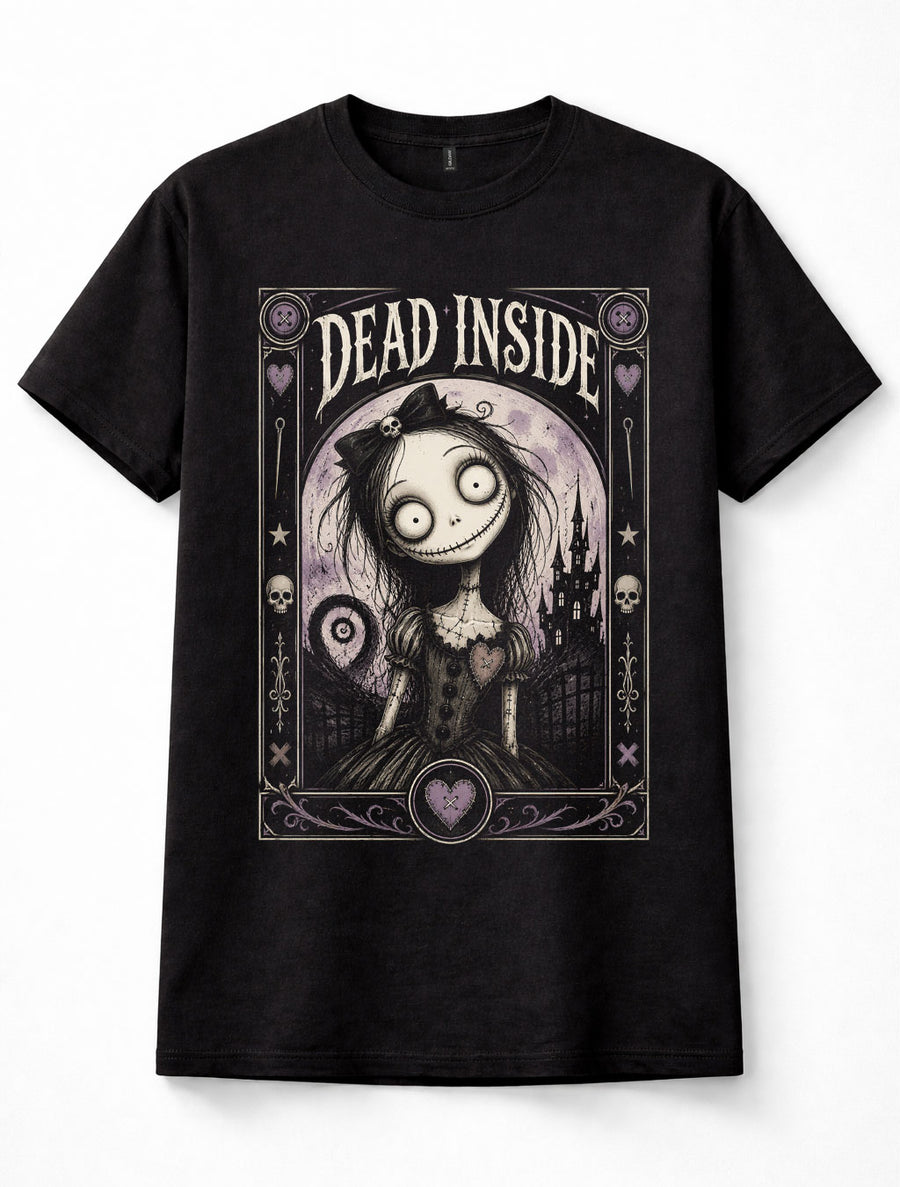 Dead Inside Tim Burton Style Gothic Girl Creepy Doll Dark Horror Skull Emo Black Unisex T-Shirt