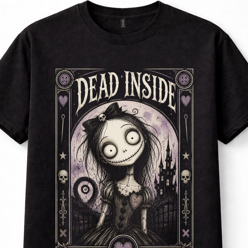 Dead Inside Tim Burton Style Gothic Girl Creepy Doll Dark Horror Skull Emo Black Unisex T-Shirt
