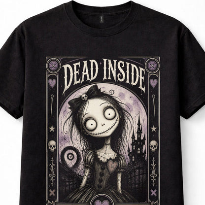 Dead Inside Tim Burton Style Gothic Girl Creepy Doll Dark Horror Skull Emo Black Unisex T-Shirt