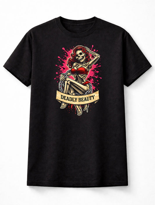 Pin Up T Shirt Skeleton Deadly Beauty Skull Tattoo Dark Art Tee Unisex Black