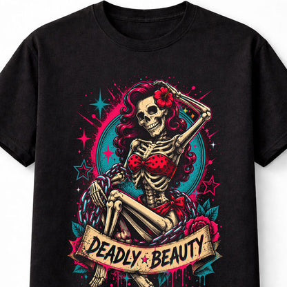 Deadly Beauty Skeleton Pin Up Gothic Skull Graphic Unisex T-Shirt