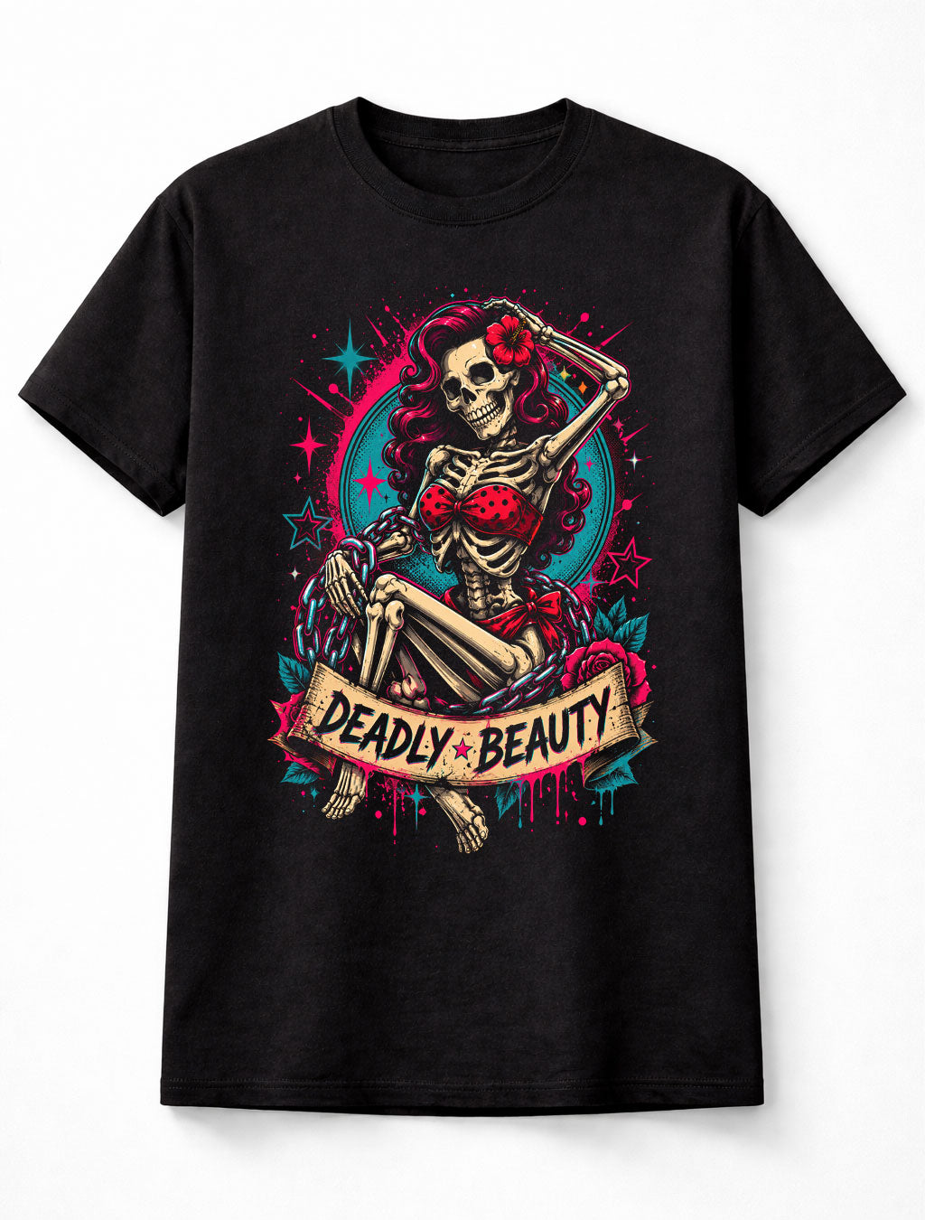 Deadly Beauty Skeleton Pin Up Gothic Skull Graphic Unisex T-Shirt