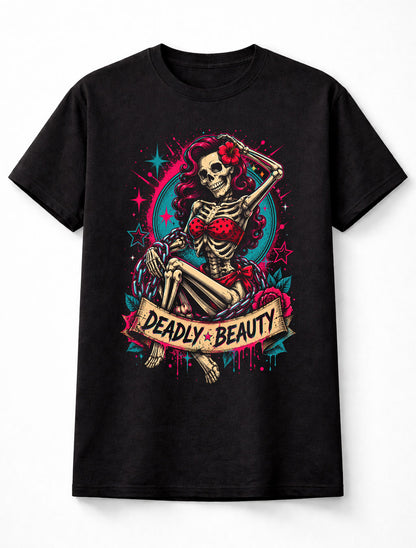 Deadly Beauty Skeleton Pin Up Gothic Skull Graphic Unisex T-Shirt