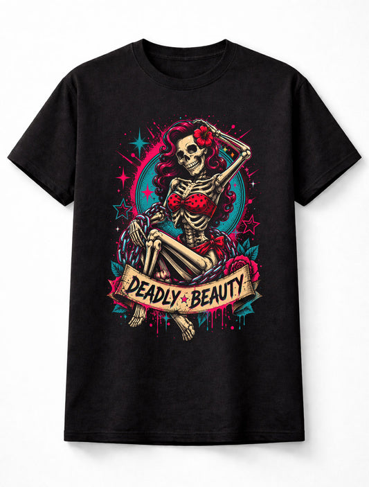 Deadly Beauty Skeleton Pin Up Gothic Skull Graphic Unisex T-Shirt