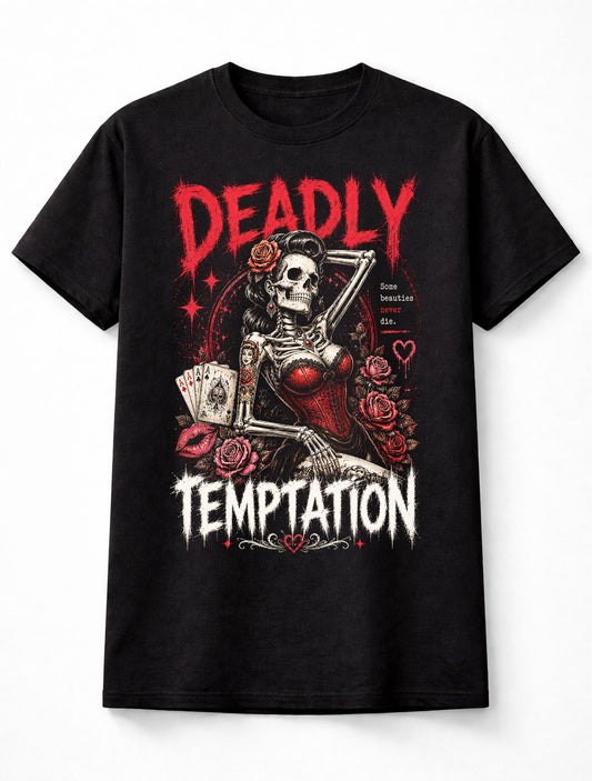 Deadly Temptation Gothic Skeleton Pin Up Skull Graphic Unisex T-Shirt