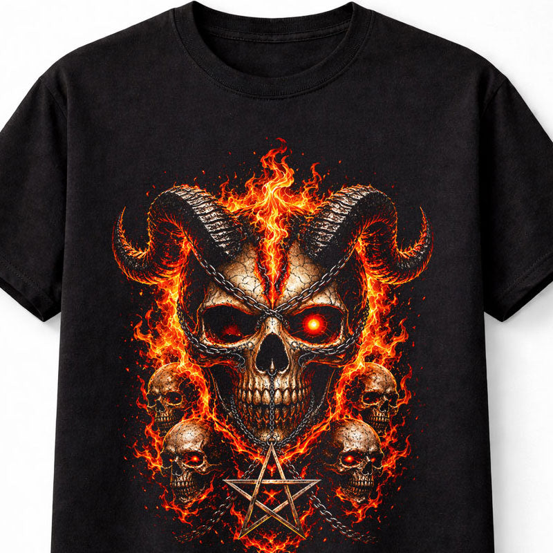 Demonic Skull Pentagram Fire Gothic Horror Metal Unisex T-Shirt