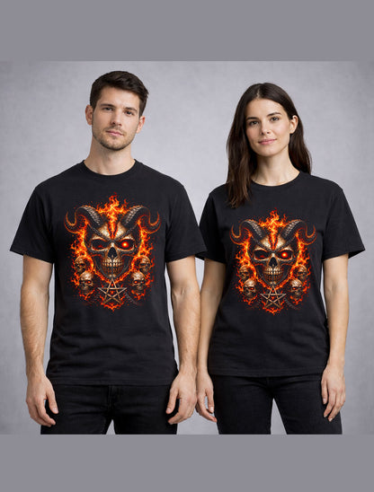 Demonic Skull Pentagram Fire Gothic Horror Metal Unisex T-Shirt