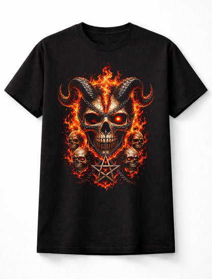 Demonic Skull Pentagram Fire Gothic Horror Metal Unisex T-Shirt