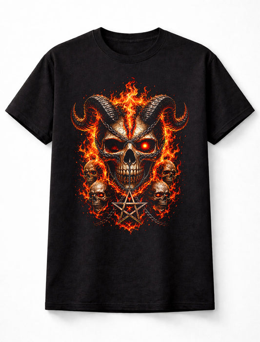 Demonic Skull Pentagram Fire Gothic Horror Metal Unisex T-Shirt