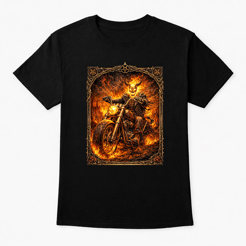 Flaming Skull Demon Biker on Motorcycle Art T-Shirt Unisex Inferno Rider Graphic