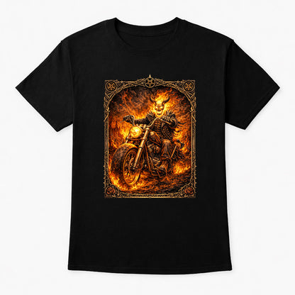 Flaming Skull Demon Biker on Motorcycle Art T-Shirt Unisex Inferno Rider Graphic