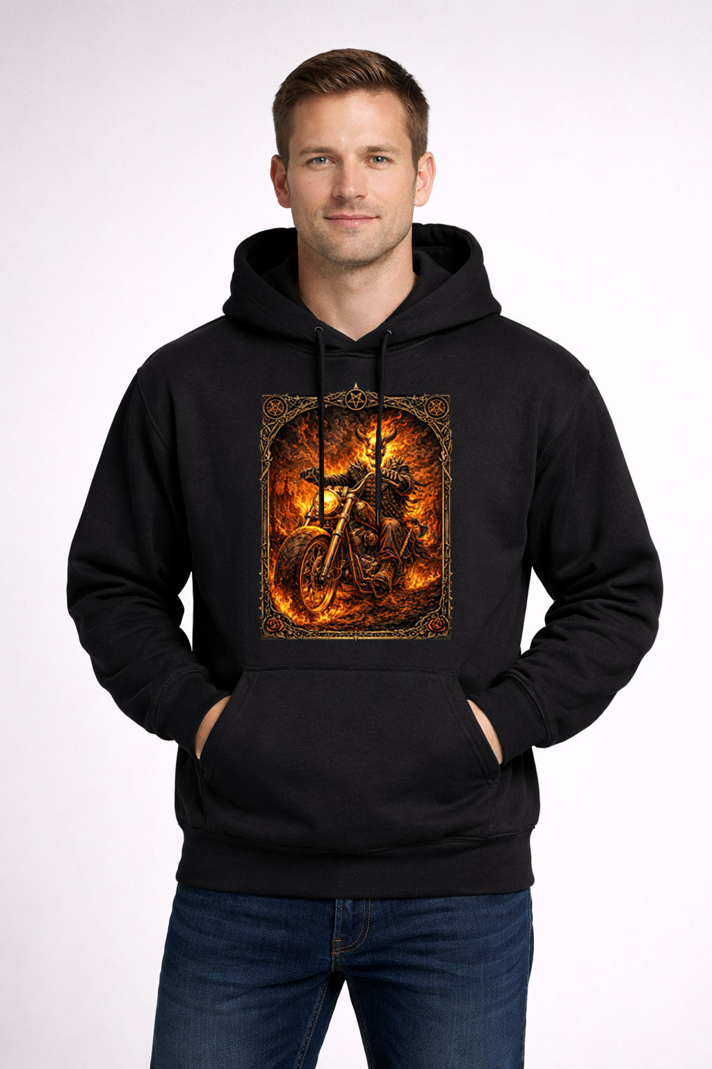 Flaming Skull Demon Biker on Motorcycle Art T-Shirt Unisex Inferno Rider Graphic