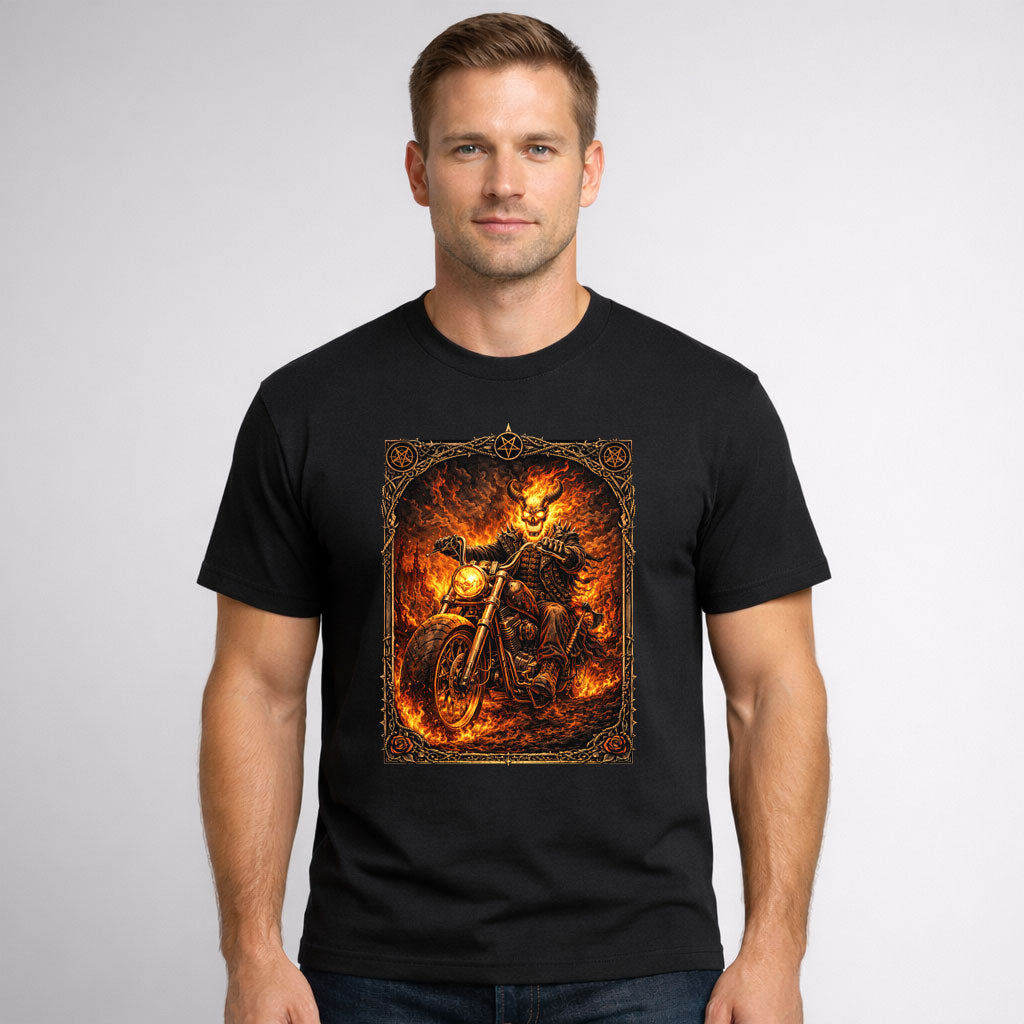Flaming Skull Demon Biker on Motorcycle Art T-Shirt Unisex Inferno Rider Graphic