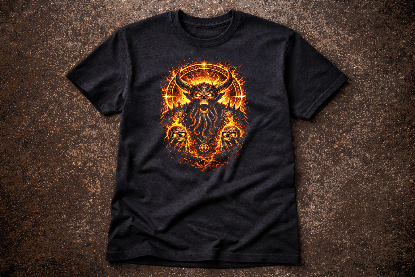 Infernal Demon Circle T Shirt Fiery Skull Sigil Gothic Horror Unisex Graphic Tee