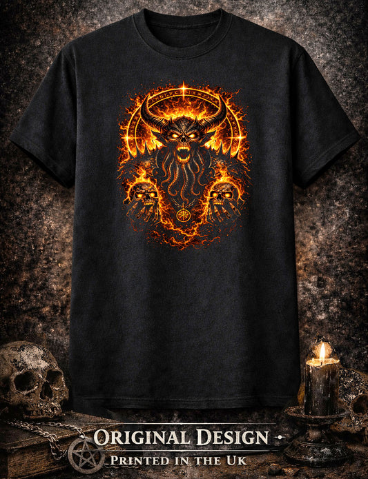 Infernal Demon Circle T Shirt Fiery Skull Sigil Gothic Horror Unisex Graphic Tee
