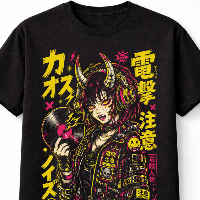 Anime Demon DJ Girl Cyberpunk Japanese Manga Graphic Unisex T-Shirt
