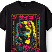 Punk Anime Demon Girl Japanese Oni Horns Neon Manga Graphic Black Unisex T-Shirt