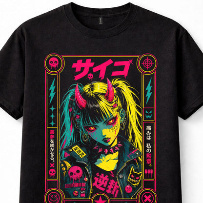 Punk Anime Demon Girl Japanese Oni Horns Neon Manga Graphic Black Unisex T-Shirt