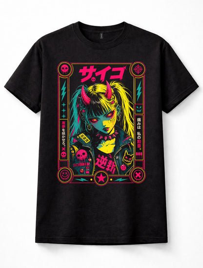 Punk Anime Demon Girl Japanese Oni Horns Neon Manga Graphic Black Unisex T-Shirt