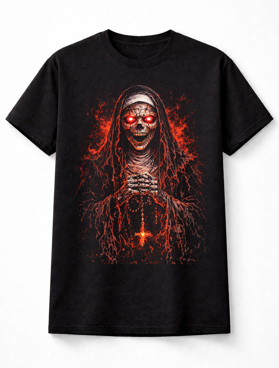 Demonic Nun Skull Horror Halloween Graphic Black Unisex T-Shirt